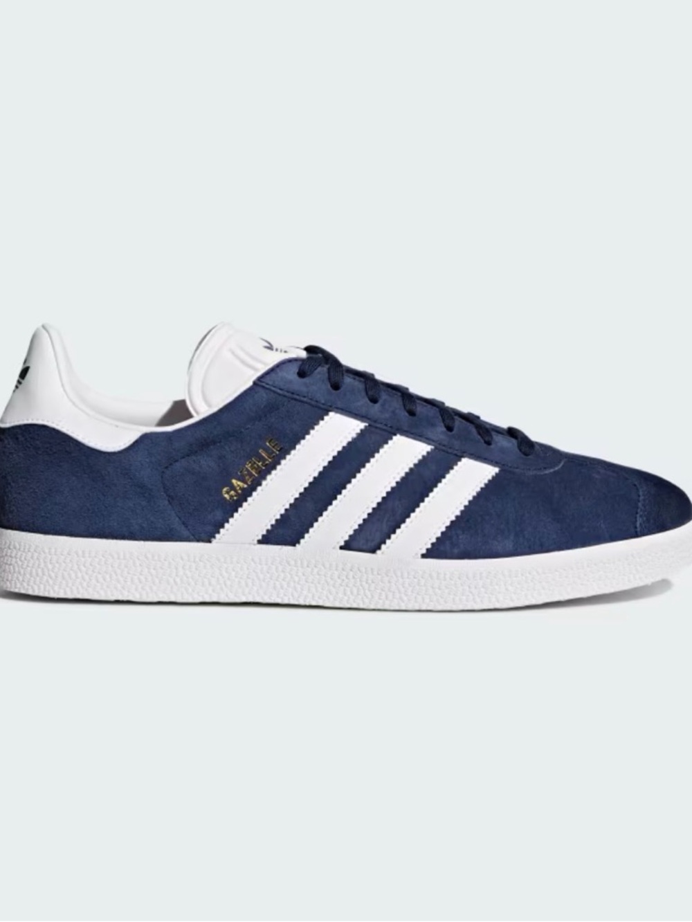 Adidas Gazelles Collegiate Navy Sneakers with White Stripes & Gold